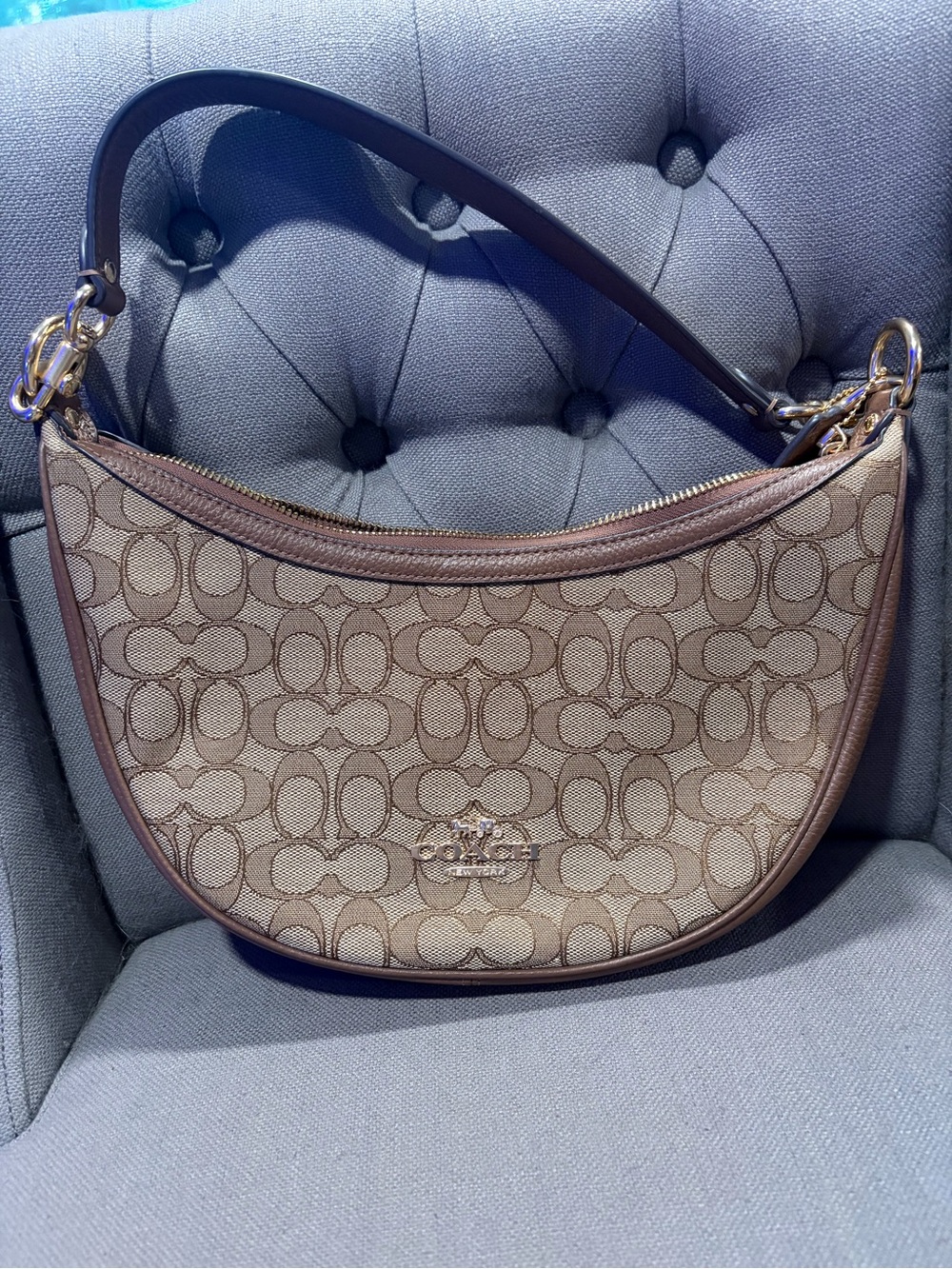 Coach Khaki Signature Crescent Shoulder Bag with Brown Trim